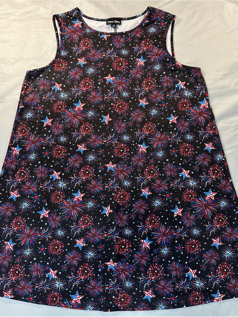 Unbranded Women's Black Midi Dress with Red & Blue Firework Print 4th of July
